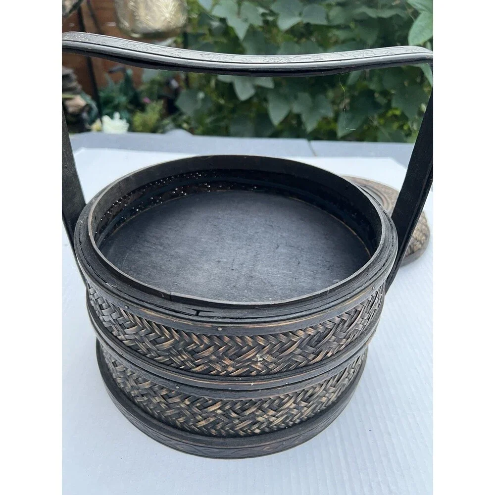 1900 Chinese 2-Tier Woven Bamboo Wedding Basket Metal Floral Medallion
